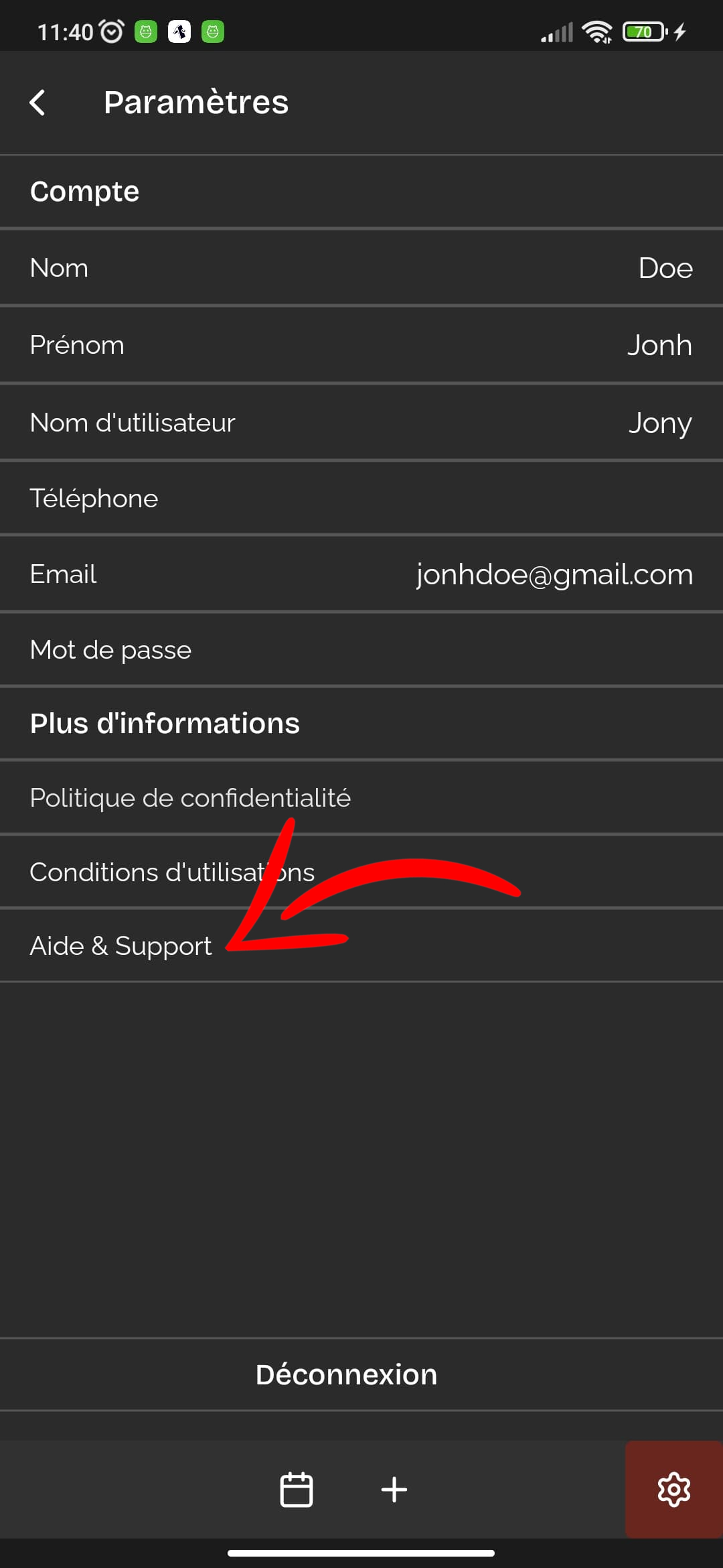 page de paramètres Grill'n Drink